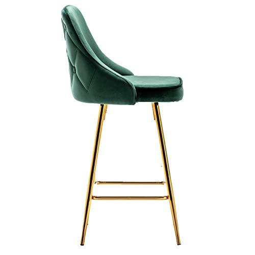 Btexpert Premium Upholstered Dining Bar Chairs Four Legged Footrest High Back Stool Set Of 2 Pack, Tufted Green Velvet Gold Frame 25" #TOP3