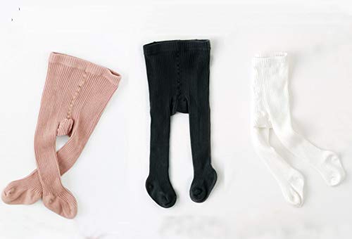 CECORC Baby Tights – Thick Toddlers Girl Leggings–Seamless Cable Knit Cotton Stockings – Infants Pantyhose 3 Pack, 0-6 Months, White+Black+Lightpink