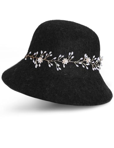Dahlia Women's Winter Hat - Wool, Vintage Cloche/Bucket Hat, Handmade, Black