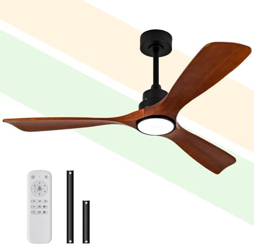 ZVL 60 Inch Solid Wood Ceiling Fans with Lights,3 Deep Walnut Blades, Modern Black Ceiling Fan with Light and Remote, 6 Speeds, Quiet DC Motor, Dimmable LED, for Indoor Bedroom,Living Room,Patio
