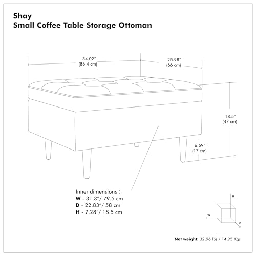 SIMPLIHOME Shay 34 inch Wide Mid Century Modern Small Rectangle Coffee Table Storage Ottoman in Distressed Grey Taupe Vegan Faux Leather, Assembled, for The Living Room and Entryway
