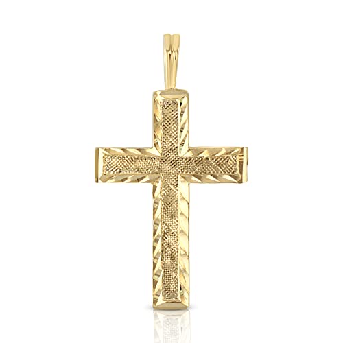 14K Yellow Solid Gold Cross Pendant for Men or Women in Two Sizes – 14 Karat Small Jesus Charm for Necklace or Chain – Thin Crucifix Jewelry Gift for Baptism, Confirmation, Christian, Religious or Everyday Wear