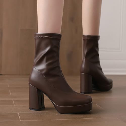 Square Toe Boots for Women High Chunky Block Heel Ankle Booties Platform Stretch Boots for Autumn Winter4