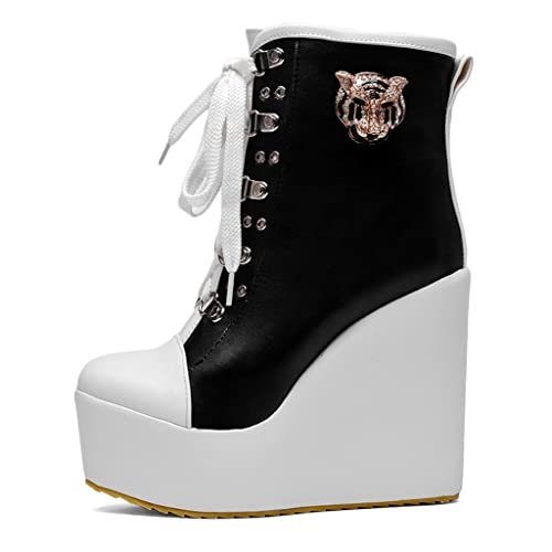 Women's Round Toe Wedge Platform Dress Ankle Boots Lace Up Chunky High Heels Dressy Short Booties4