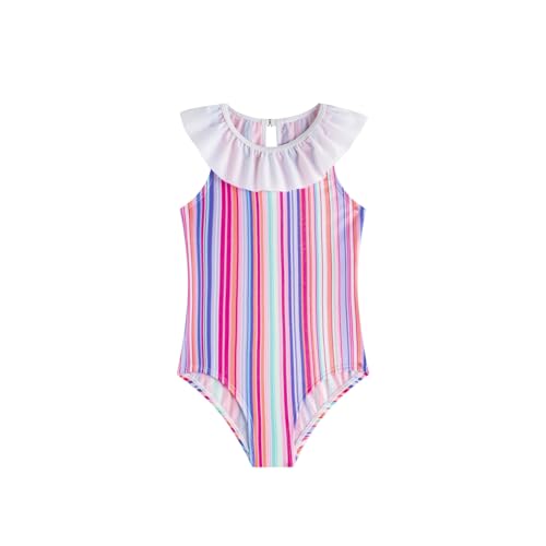 LIZENS Girls' One Piece Ruffle Trim Swimwear Rainbow Striped Swimsuit for Kids Children 2-12 Years(LG95-1,6-7T)