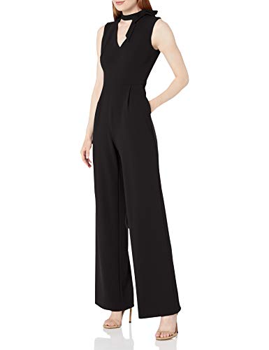 Calvin Klein Women's Sleeveless V Jumpsuit with Tie Neck, Black, 12