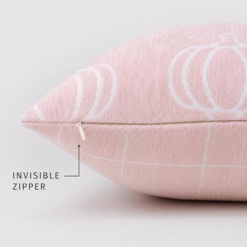 Image of Fall Pumpkin Chenille Pillow Covers,Autumn Decor (Pink,20x20) | Double-sided pumpkin and plaid designs, thick chenille texture, hidden zipper, for couch, sofa, bed, farmhouse autumn decor