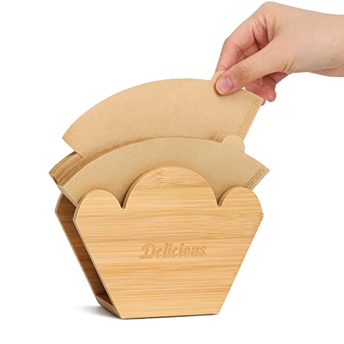 LunaLife Soporte de filtro de café de bambú, estante de almacenamiento de papel de filtro de café de cono, dispensador de soporte de contenedor de papel de café para el hogar, cocina, bar, cafeterías