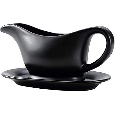 Bruntmor 11 Oz Black Ceramic Gravy Boat With Tray, 11 Ounce Small Ceramic Serving Dish, Dispenser with Tray For Sauces, Dressing and creamer, Gravy Boat With Saucer For Thanksgiving And Christmas Cover