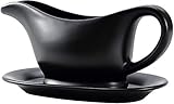 Ceramic Gravy Boat and Tray, For Salad Dressings, Milk, Broth, Coffee Creamer, Microwave & Dishwasher Safe 11 oz, Black