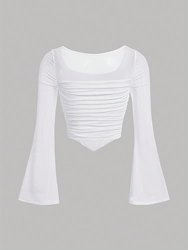 Image of Floerns Girls Bell Long Sleeve Square Neck Asymmetrical Hem Mesh Ruched Crop Tops Tees