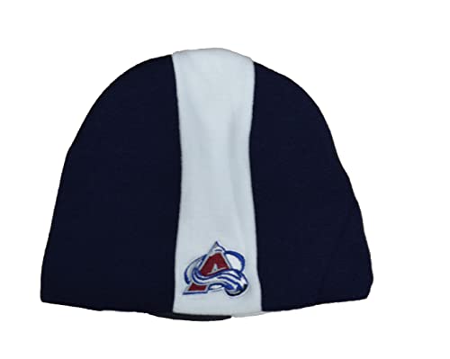 Reebok Colorado Avalanche Navy Blue Skunk Skull Cap - NHL Cuffless Winter Knit Beanie Toque Hat, White