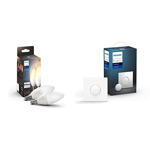 Philips Hue Hue White Ambiance 2 Ampoules Smart Culot E14 avec Bluetooth 5,2 W + Smart Button Bouton Télécommande Intelligent Connecté, Variateur de Lumière