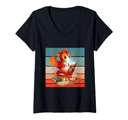 Damen Niedliches Drachen-Fantasiebuch, Drachen-Buchliebhaber, der T-Shirt mit V-Ausschnitt