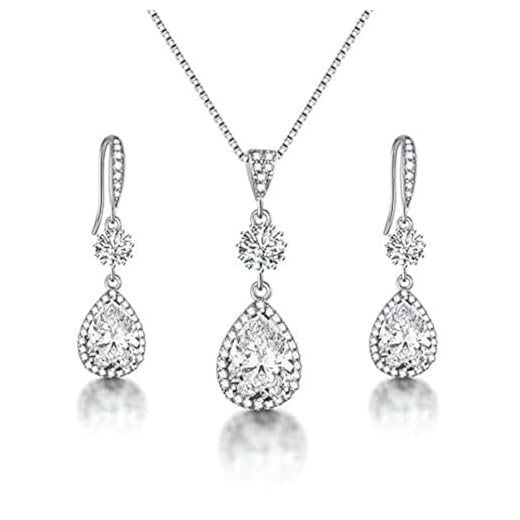 AMYJANE Bridal Jewelry Set for Wedding - Teardrop Silver Cubic Zirconia Crystal Drop Earrings and Necklace Set for Bride Bridesmaids Mother of Bride Prom Party
