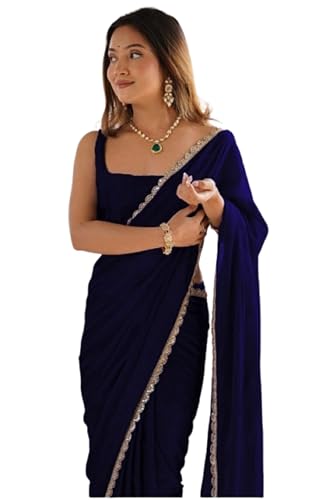 SATAZ Women's Ready To Wear Navy Blue Georgette One Minute Readymade Stitched Saree Scalloped Border With Unstitched Blouse