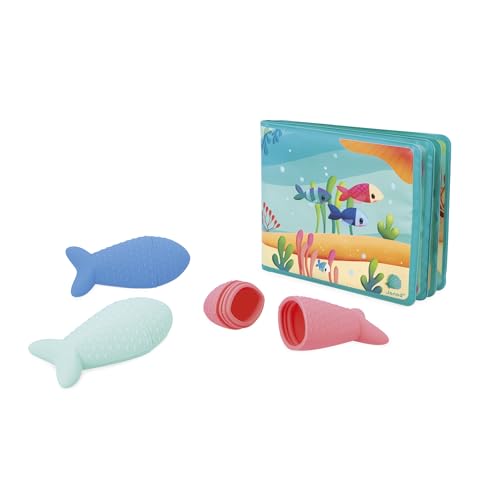 Janod - Livre de Bain Interactif avec 3 Jouets Aspergeurs Inclus - 1 Livre + 3 gicleurs - Développe la Motricité Fine - Nettoyage Facile - Dès 10 Mois - J04733