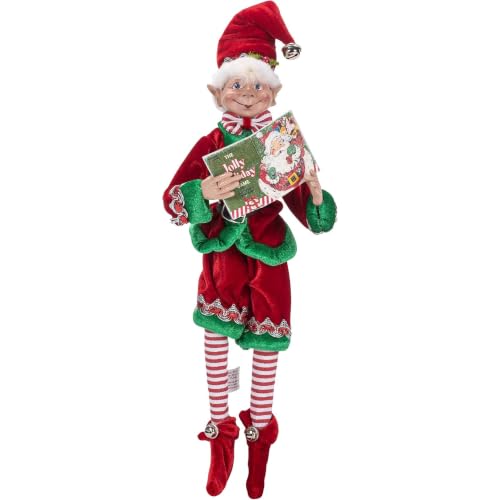 RAZ Imports Elfo de Navidad Posable, 16 Pulgadas de Alto, Traje de Terciopelo Rojo y Verde con Libro de Papá Noel, colección navideña de los Juegos de Reno 2019