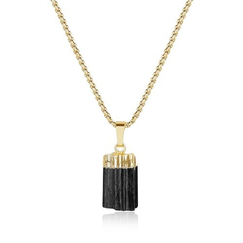 COAI Collier Tourmaline Noire, Collier Acier Inoxydable Plaqué Or, Bijoux Pierre Brute, 50cm