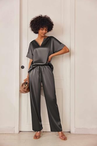 Image of Ekouaer Mens Satin Pajamas Set Button-Down Short /Long Sleeve Shirt Top Soft Silk Sleepwear Loose Pocket Pant Loungewear