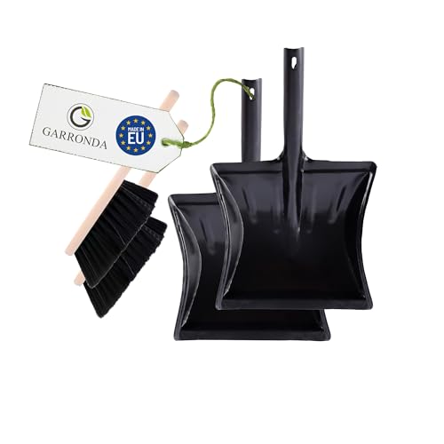 Garronda Pack de 2 Juego de Escoba y Recogedor Metálico – Cepillo Madera y Pala de Mano Resistente para Cenizas, Polvo y Suciedad, Set para Limpieza Hogar y Jardín GD-0172 (Negro + Negro)
