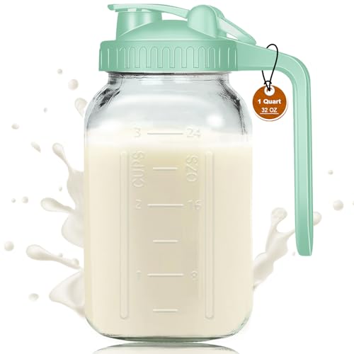 Image of Glass Pitchers with Lid and Handle, 32oz Breast Milk Pitcher, 1 Quart Wide Mouth Mason Jar, Leak-proof Glass Water Pitcher, Creamer Container for Cold Brew, Sun Tea, Juice, Iced Coffee-Green/1 Pack