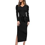 Rocorose Women Knit Sweater Dress Casual Long Sleeve Side Slit Bodycon Dress with Belt Black S
