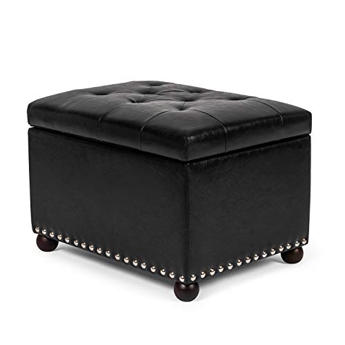 Image of Joveco Leather Storage Ottoman, 24 inch Rectangle Tufted Foot Rest Stool, for Living Room Bedroom, Midnight Black