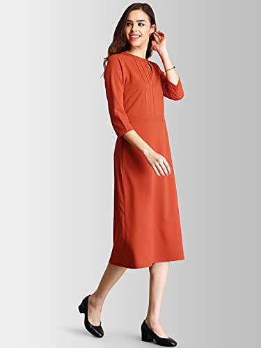 Image of FableStreet Women's Polyester Stylised Neck Pintuck Midi Dress