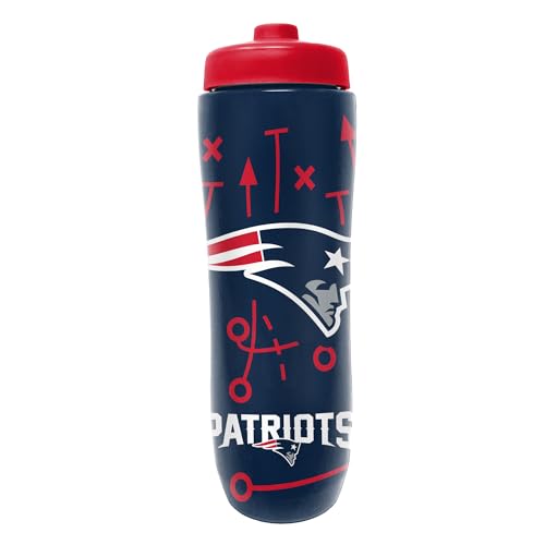 Image of Party Animal NFL Football Squeeze Bottle, 32 oz, New England Patriots | Slim, lightweight BPA-free sports water bottle with quick-flow squeeze; fits backpacks & cup holders for kids or adults