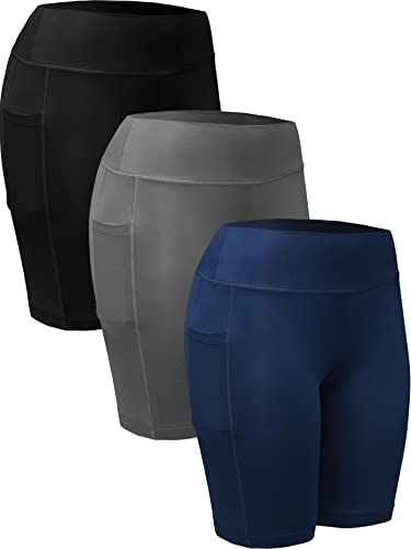 NELEUS Women's 3 Pack Athletic Shorts for Running Yoga Gym Workout Tummy Control Workout with Pocket,9005,Black,Grey,Navy Blue,US S