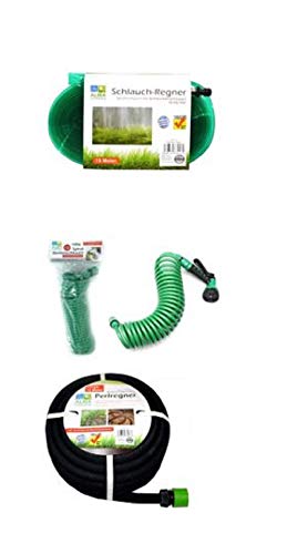 Alma Garden  Juego de 3 mangueras de jardín (1 x 15 m, 1 x manguera flexible de jardín de 7,5 m, incluye adaptador y cabezal pulverizador con 7 funciones, 1 x 15 m, incluye adaptador)