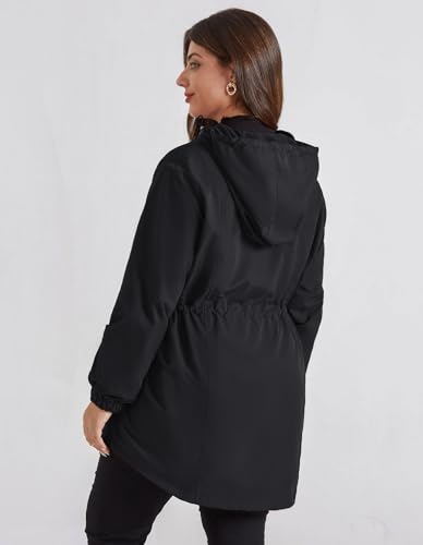 Hanna Nikole Women's Long Rain Jacket Plus Size Fleece Lined Waterproof Hooded Rain Coat Lightweight Pockets Windbreaker Trip2