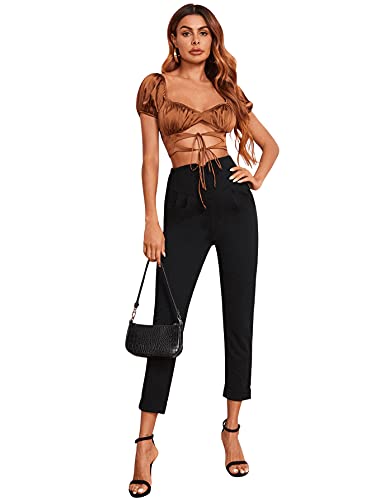 Sweatyrocks Women's Pants Casual High Waist Skinny Leggings Stretchy Work Pants Notched Black S #TOP4