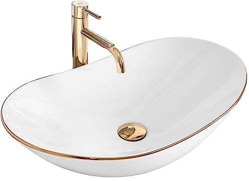Rea Lavabo sobre Encimera Royal Gold Edge Lavabo de baño 625 x 360 x 150 mm Cerámica (blanco)