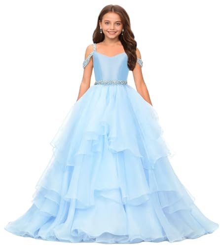Off Shoulder Pageant Dresses for Girls Puffy Tulle Beaded Flower Girl Dress Birthday Party Ball Gowns for Wedding