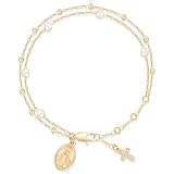 Virgin Mary Cross Bracelet for Women - 14K Gold Plated Double Layer Pearls Rosary Chain Bracelet, Dainty Cubic Zirconia Crucifix Link Bracelet, Religious Christian Faith Jewelry Gift for Her(Gold)