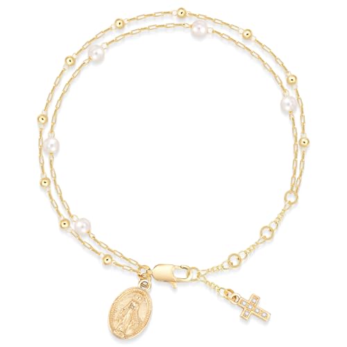 Virgin Mary Cross Bracelet for Women - 14K Gold Plated Double Layer Pearls Rosary Chain Bracelet, Dainty Cubic Zirconia Crucifix Link Bracelet, Religious Christian Faith Jewelry Gift for Her(Gold)