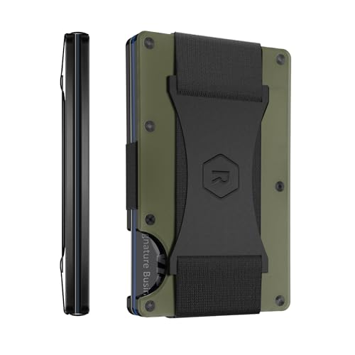 Image of The Ridge Minimalist Slim Wallet For Men - RFID Blocking Front Pocket Credit Card Holder - Titanium Metal Wallet For Men With Cash Strap, Matte Olive (Titanium)