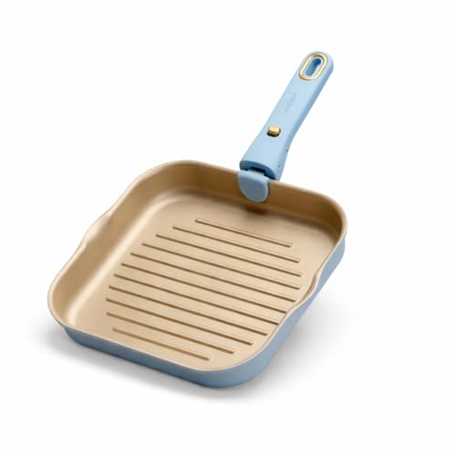 CAROTE 10 Inch Titanium Reinforced Nonstick Grill Pans for Steak, Non-Stick Grill Pans Sets with Detachable Handle, PFOS, PFOA Free, Gas & Induction Safe, All Stovetops Compatible, Blue