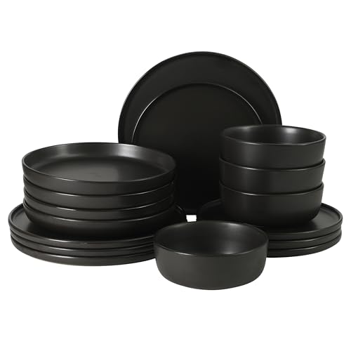 Image of Gibson Elite Bayou Moon Plates and Bowls Sets, 16-Piece Black Matte Stoneware Dinnerware Sets, Solid Color Reactive Glaze Dish Set