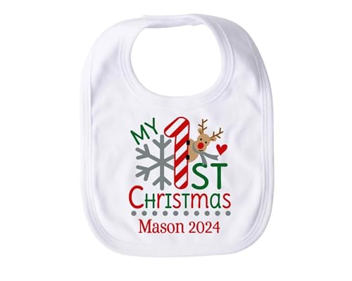 My First Christmas Bib Unisex Reindeer Baby Boy 1st Christmas Personalized Baby Girl Bib Newborn Baby's First Christmas Gift Holiday Winter Stocking Stuffer