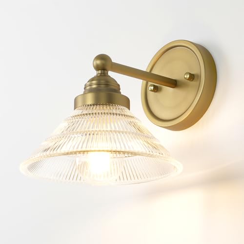 Image of Vintage 1-Light Wall Sconce with Clear Ribbed Glass Shade, Industrial Hardwired Wall Light Fixture for Bedside Living Room Vanity Bathroom Hallway