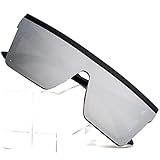 PORADAY Mirror Square Sunglasses for Women Men Fashion Vintage Black Frame Siamese Sun Glasses Outdoor Sports Big Shades (Black/Silver Mirror)