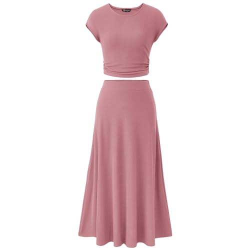 Women's 2 Piece Skirt Sets Knitted Crop Top Elastic High Waisted Midi Skirt Short Sleeve Crew Neck Top Lounge Sets