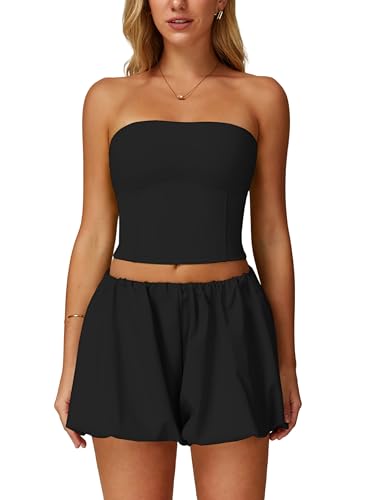 ABOCIW Womens Summer 2 Piece Outfits Y2k Crop Tube Tops Built in Bra Bubble Shorts Workout Sets Tracksuit