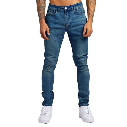 Men ‘s Classic Overalls Jeans Stretch Retro Denim Pants Straight Casual Slim Fit Denim Trousers with Pockets