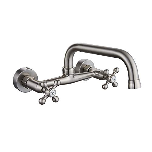 Brushed Nickel Wall Mount Faucet 8 Inch Center Kitchen Sink Taps 2 Cross Knobs Handle Victorian Commercial With 9 Inch Spout #TOP8