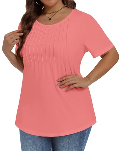 Image of Plus Size Tops for Women Pleated Summer Top Trendy Short Sleeve Shirts Casual Basic Tee Crew Neck Blouses 2026