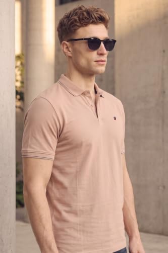 Image of Louis Philippe Men's Slim Fit Single-Tuck Pique Stylized Sleeve Print and Contrast Tipping Half Sleeve Solid Cotton Polo Tshirt